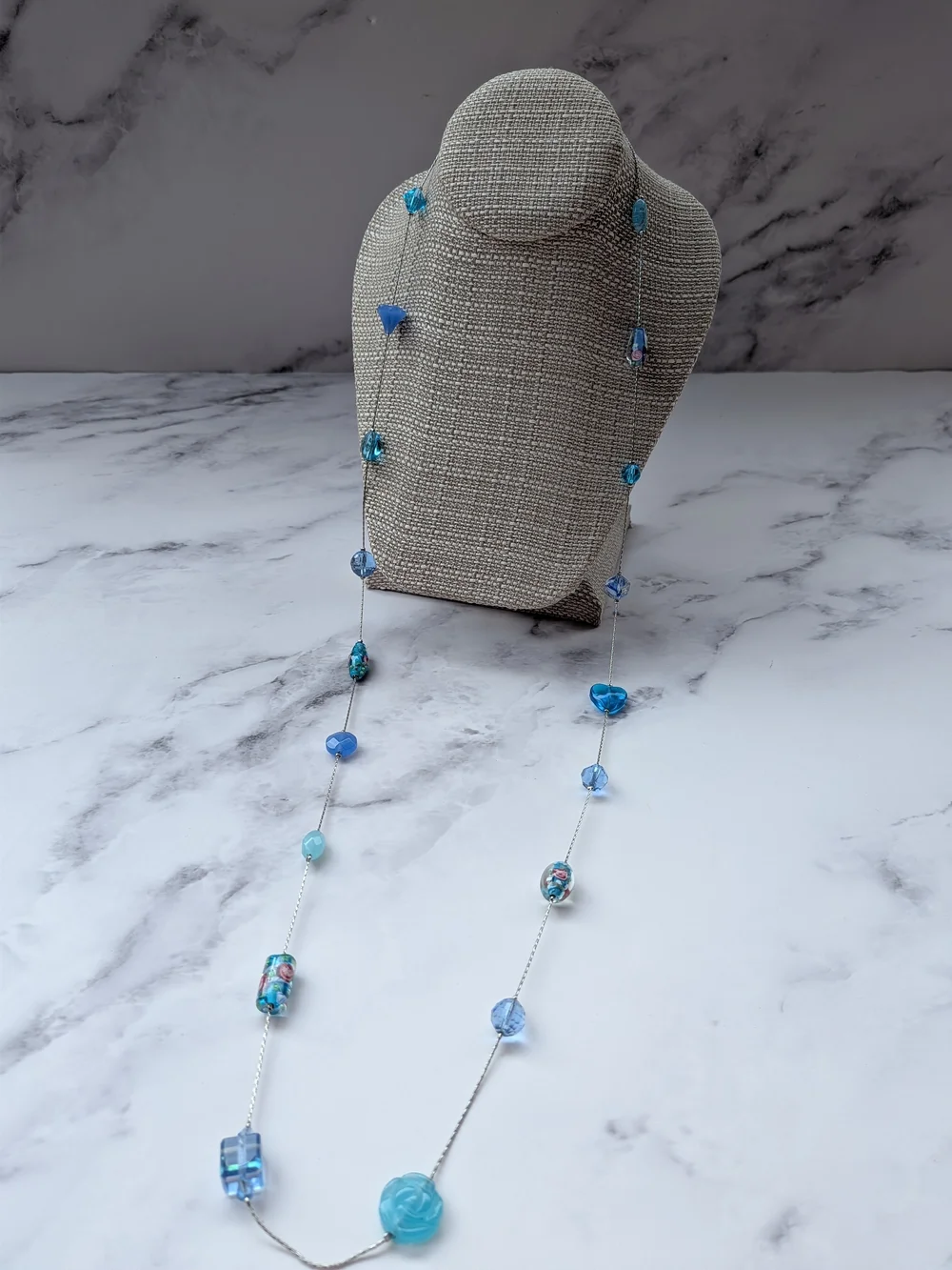 Cookie Lee Blue Lampwork Glass Beaded Station Necklace Floral Crystal - Picture 1 of 5